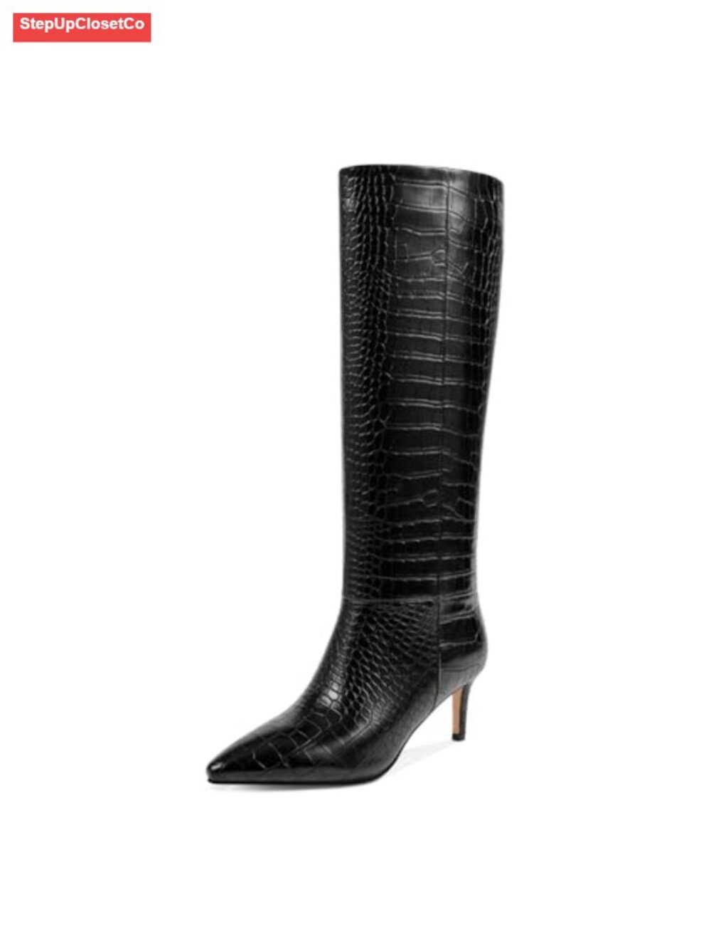 wetkiss Knee High Boots Pointed Toe Kitten Heel Side Zipper Faux Leather